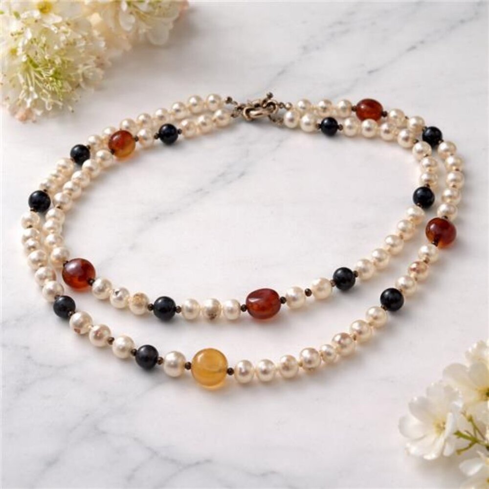 Freshwater Pearl Two-Strand Necklace 19 In Carnelian Honey Agate, Sterling Clasp